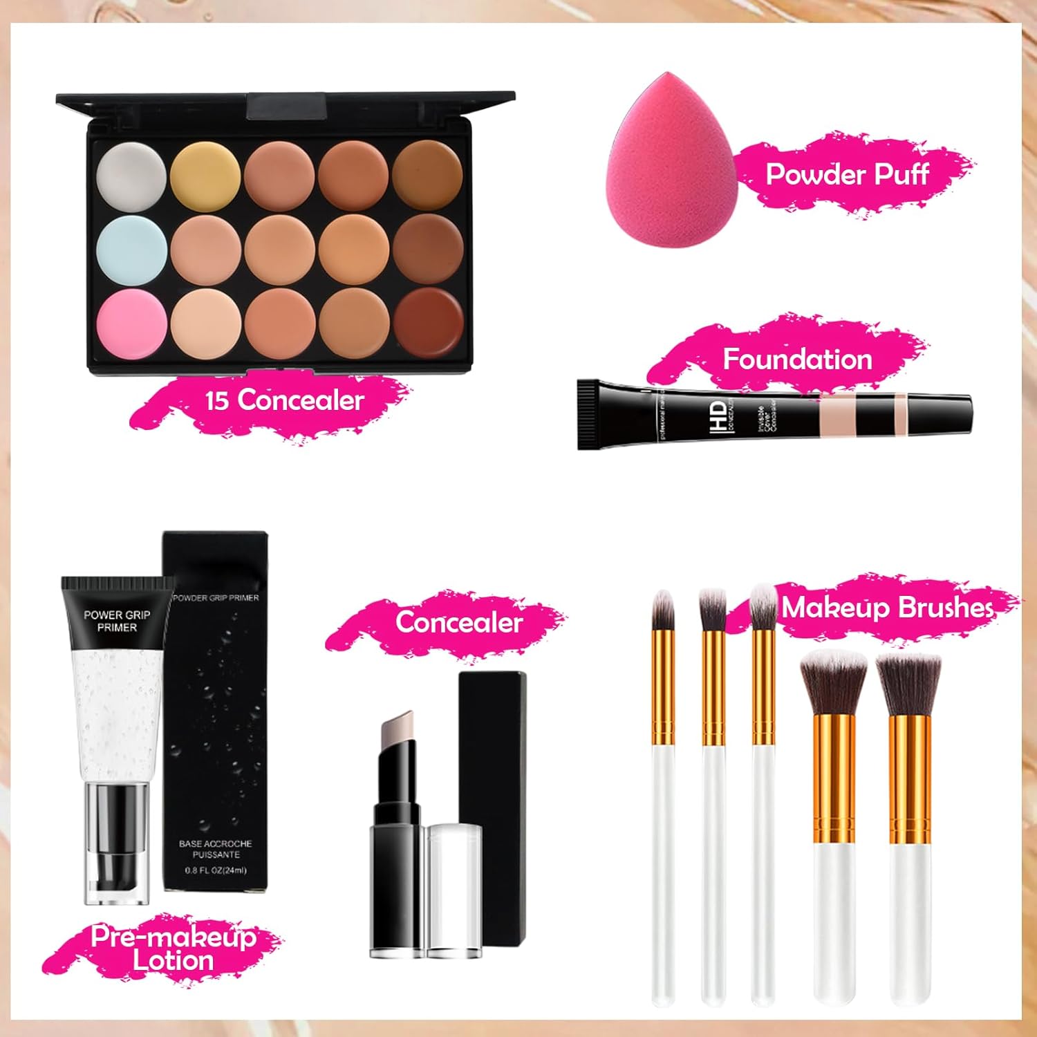 💄 All-in-One Makeup Kit – 15-Colour Concealer Palette + Full Face Tools Set
